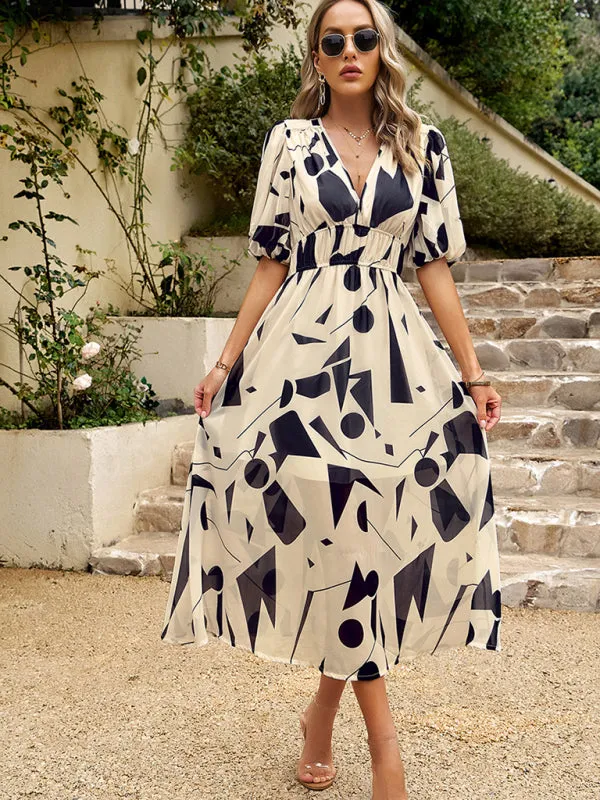Bohemian Midi Dress with V-Neck and Puff Sleeves