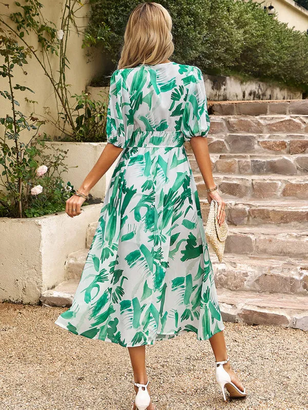 Bohemian Midi Dress with V-Neck and Puff Sleeves