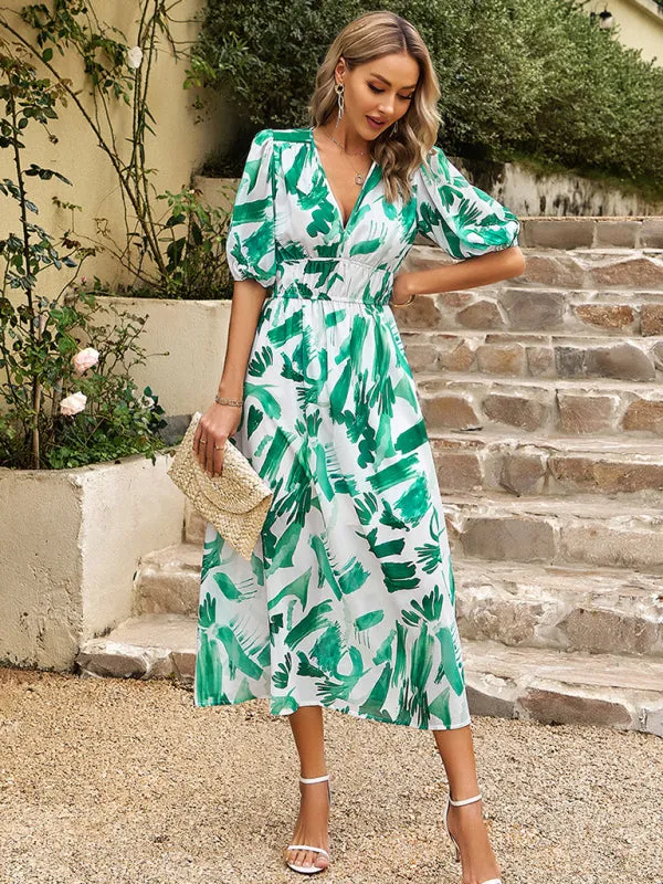 Bohemian Midi Dress with V-Neck and Puff Sleeves