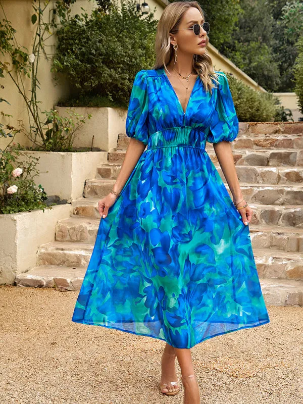 Bohemian Midi Dress with V-Neck and Puff Sleeves