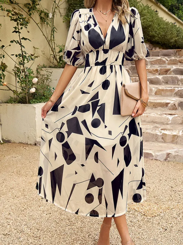 Bohemian Midi Dress with V-Neck and Puff Sleeves
