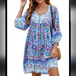 Bohemian purple, Blue, floral Fall, Spring Paisley  Longsleeve Dress