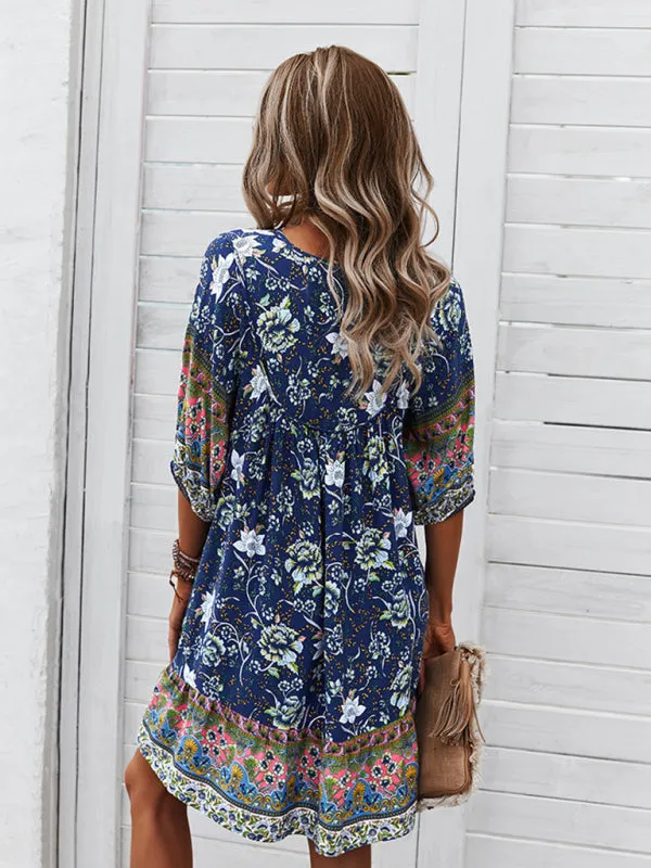 Bohemian V-Neck Dress with Floral Print and Loose Fit