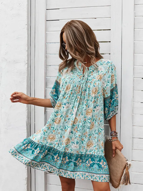 Bohemian V-Neck Dress with Floral Print and Loose Fit