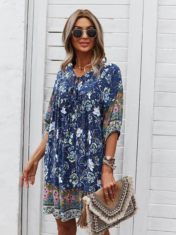 Bohemian V-Neck Dress with Floral Print and Loose Fit
