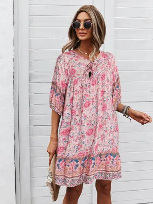 Bohemian V-Neck Dress with Floral Print and Loose Fit