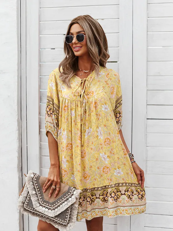 Bohemian V-Neck Dress with Floral Print and Loose Fit