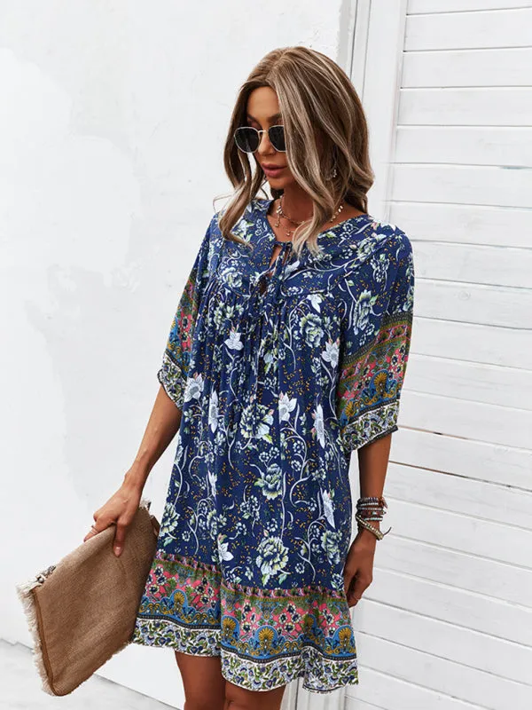 Bohemian V-Neck Dress with Floral Print and Loose Fit