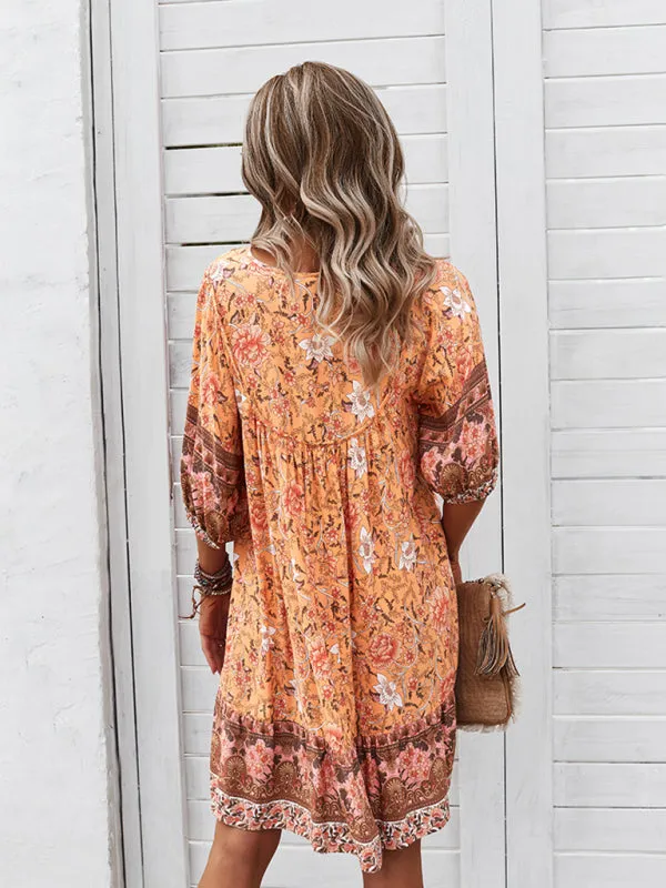 Bohemian V-Neck Dress with Floral Print and Loose Fit