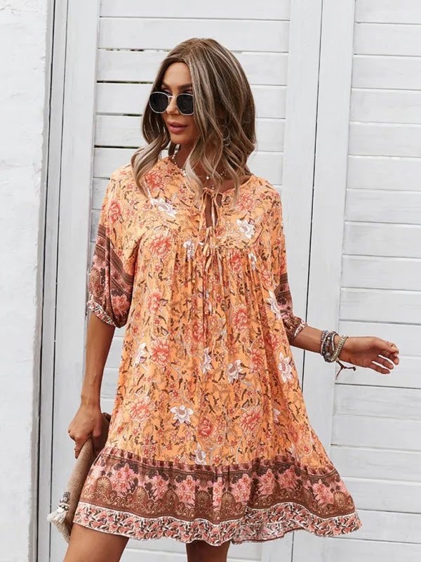 Bohemian V-Neck Dress with Floral Print and Loose Fit