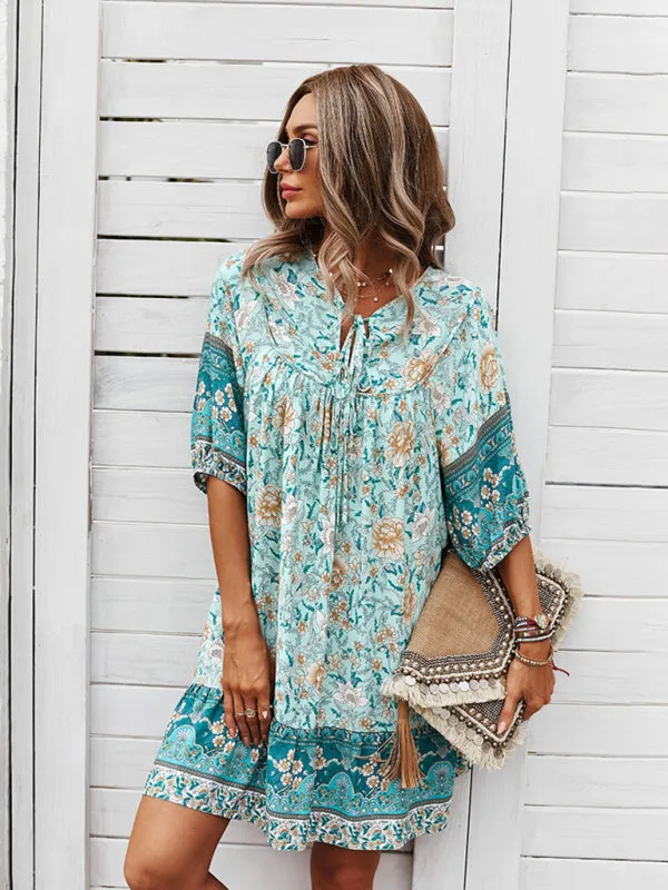Bohemian V-Neck Dress with Floral Print and Loose Fit