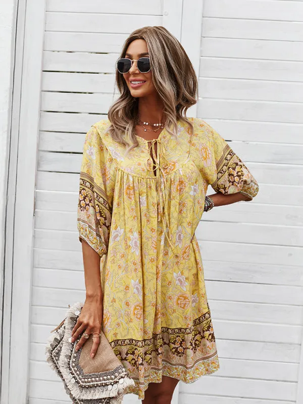 Bohemian V-Neck Dress with Floral Print and Loose Fit