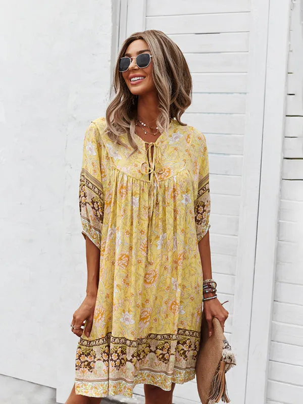 Bohemian V-Neck Dress with Floral Print and Loose Fit