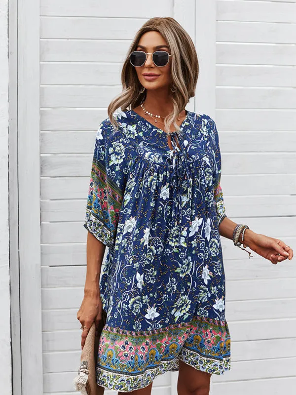 Bohemian V-Neck Dress with Floral Print and Loose Fit