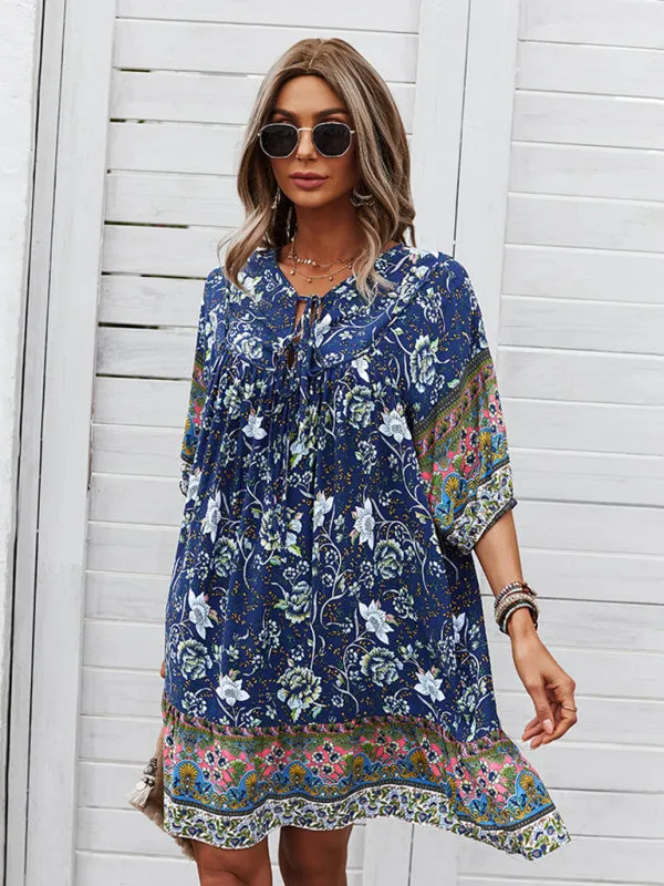 Bohemian V-Neck Dress with Floral Print and Loose Fit