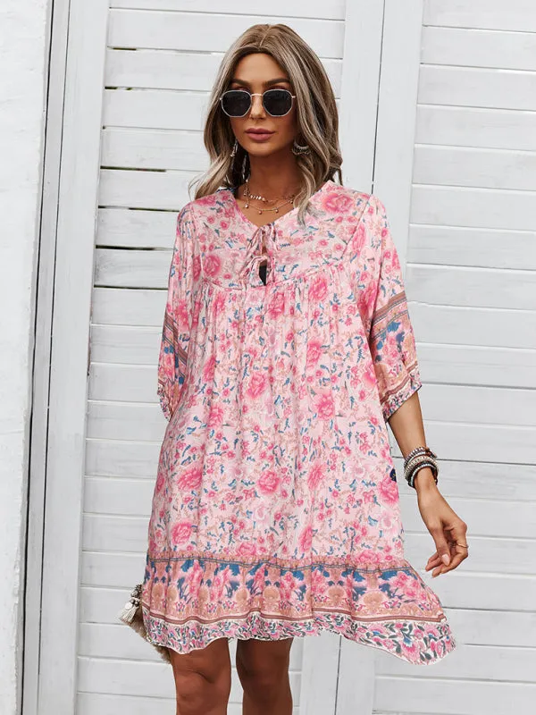 Bohemian V-Neck Dress with Floral Print and Loose Fit