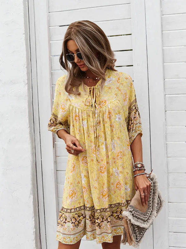 Bohemian V-Neck Dress with Floral Print and Loose Fit