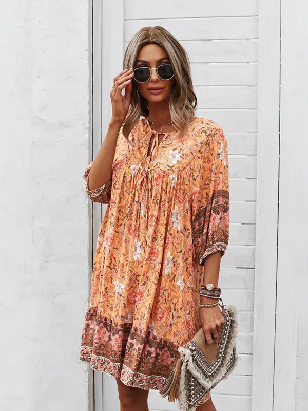 Bohemian V-Neck Dress with Floral Print and Loose Fit