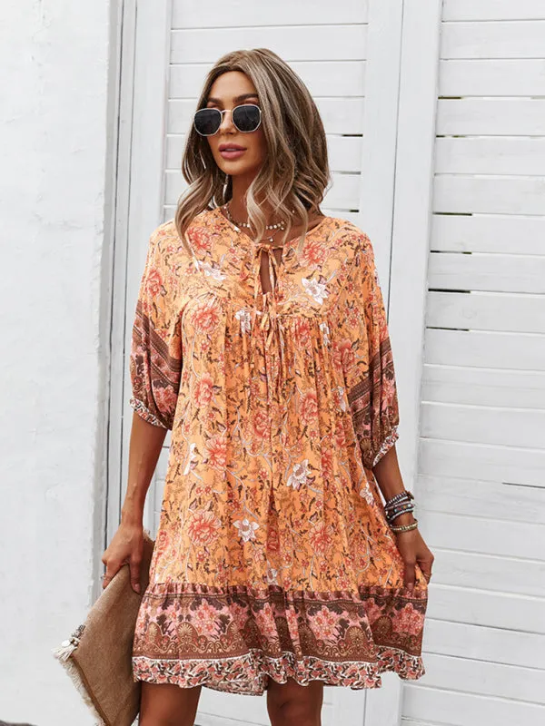 Bohemian V-Neck Dress with Floral Print and Loose Fit