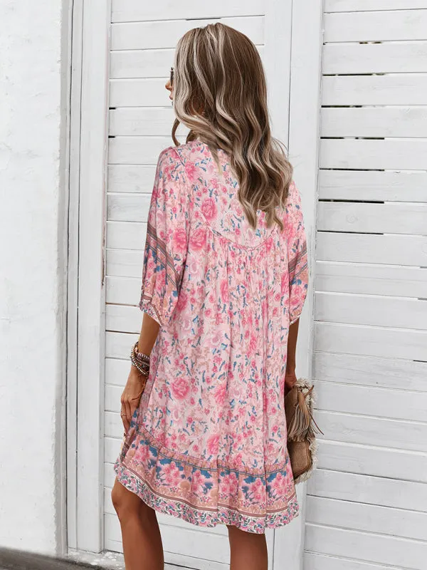 Bohemian V-Neck Dress with Floral Print and Loose Fit