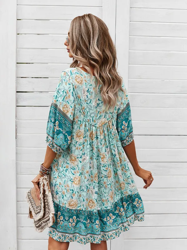 Bohemian V-Neck Dress with Floral Print and Loose Fit