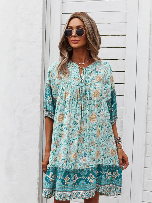 Bohemian V-Neck Dress with Floral Print and Loose Fit