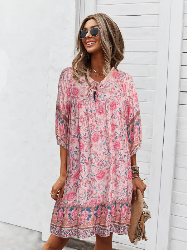 Bohemian V-Neck Dress with Floral Print and Loose Fit