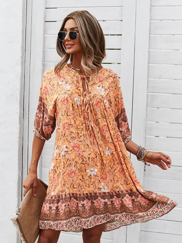 Bohemian V-Neck Dress with Floral Print and Loose Fit