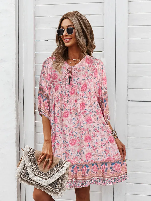 Bohemian V-Neck Dress with Floral Print and Loose Fit