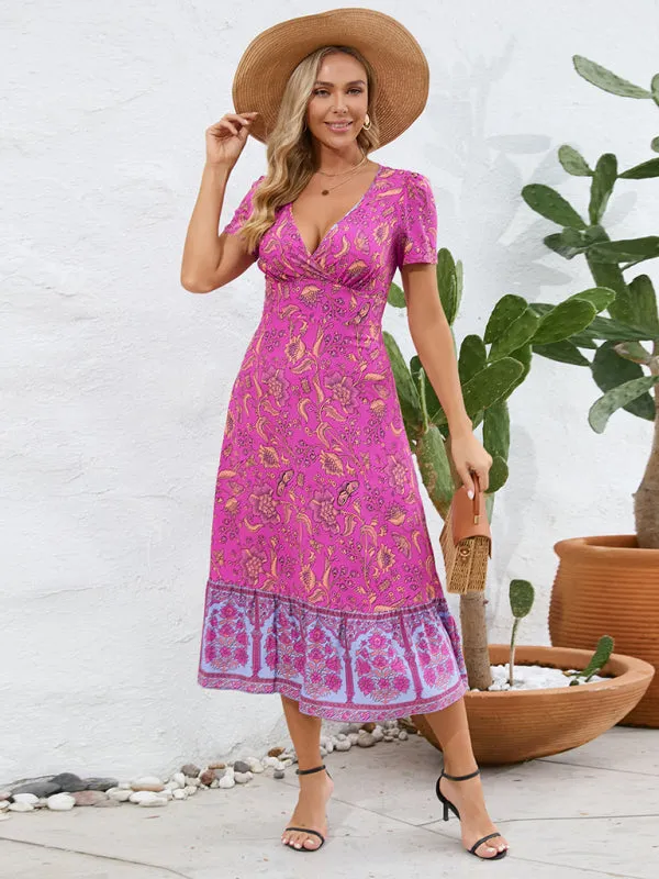 Bohemian V-Neck Midi Dress with Retro Floral Print