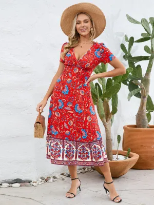 Bohemian V-Neck Midi Dress with Retro Floral Print