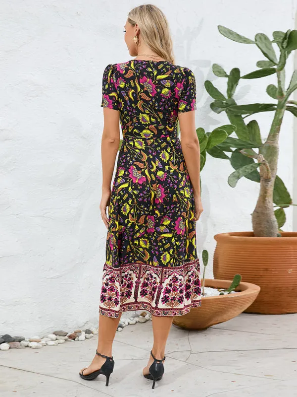 Bohemian V-Neck Midi Dress with Retro Floral Print
