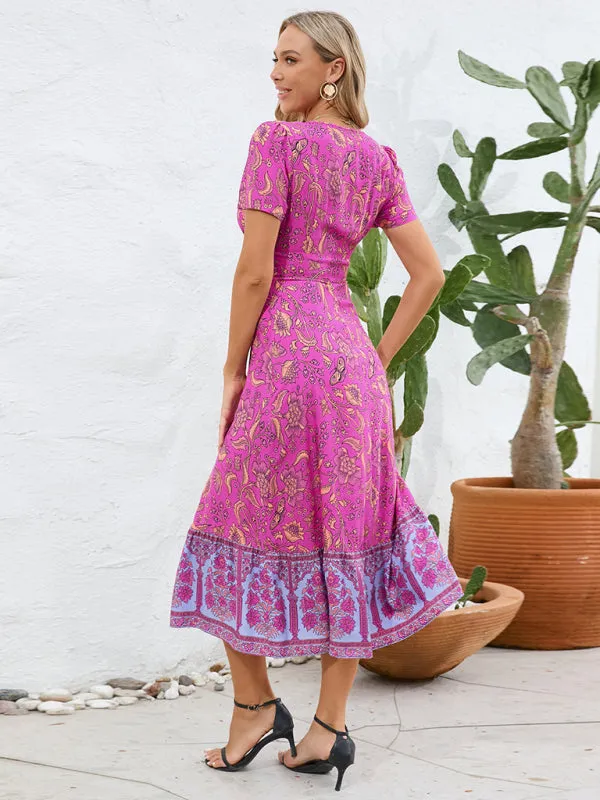 Bohemian V-Neck Midi Dress with Retro Floral Print