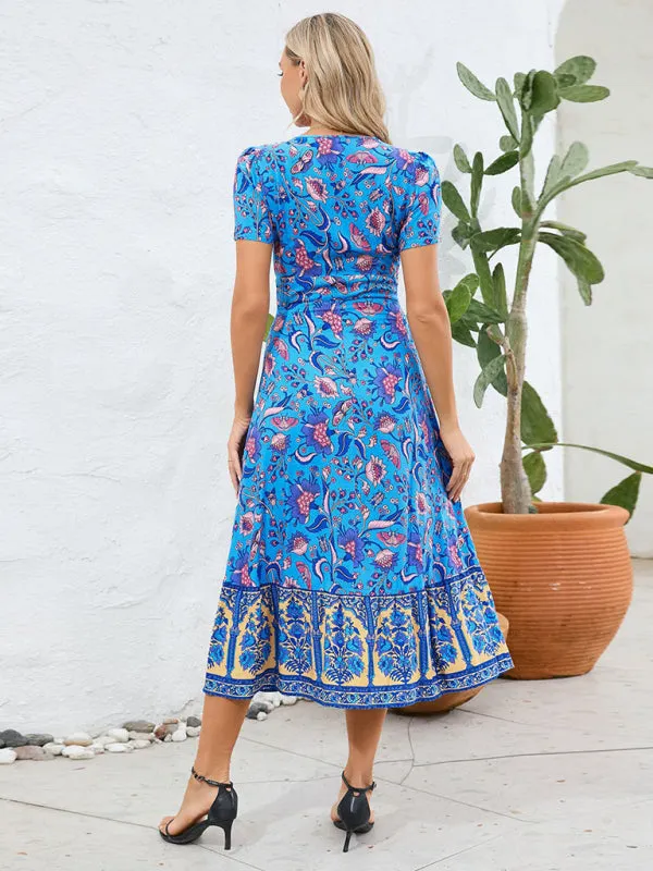 Bohemian V-Neck Midi Dress with Retro Floral Print