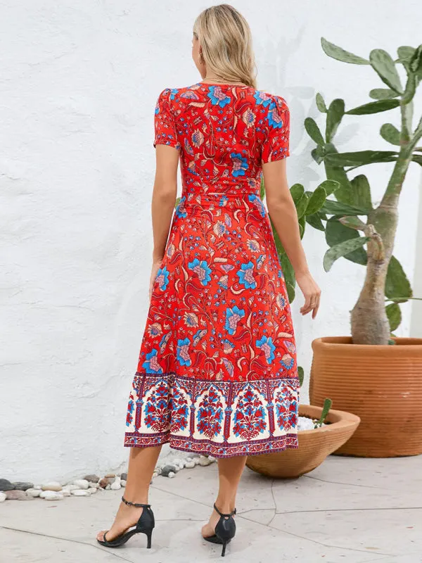 Bohemian V-Neck Midi Dress with Retro Floral Print