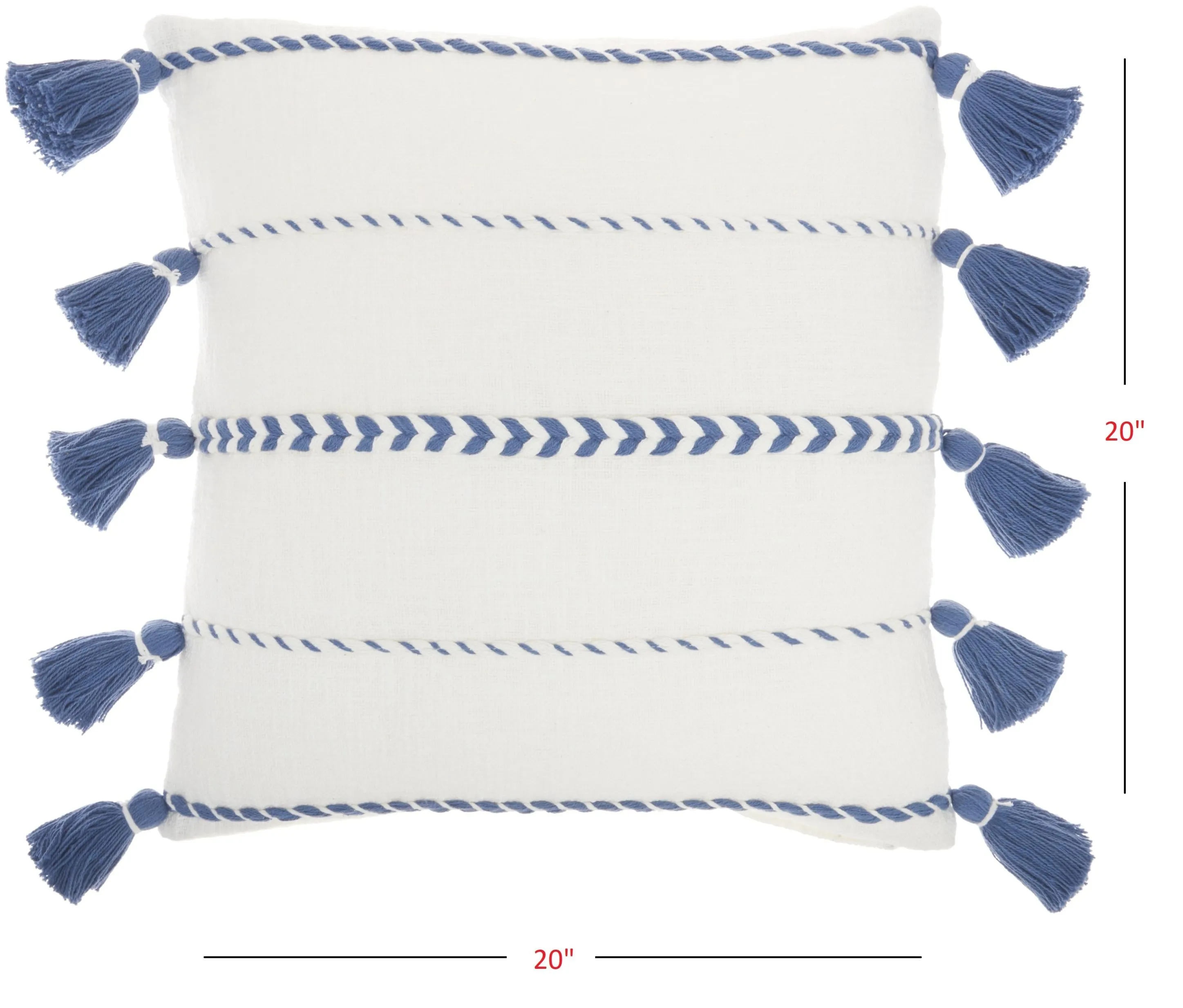 Bohemian White Cotton Accent Pillow with Blue Tassel Details