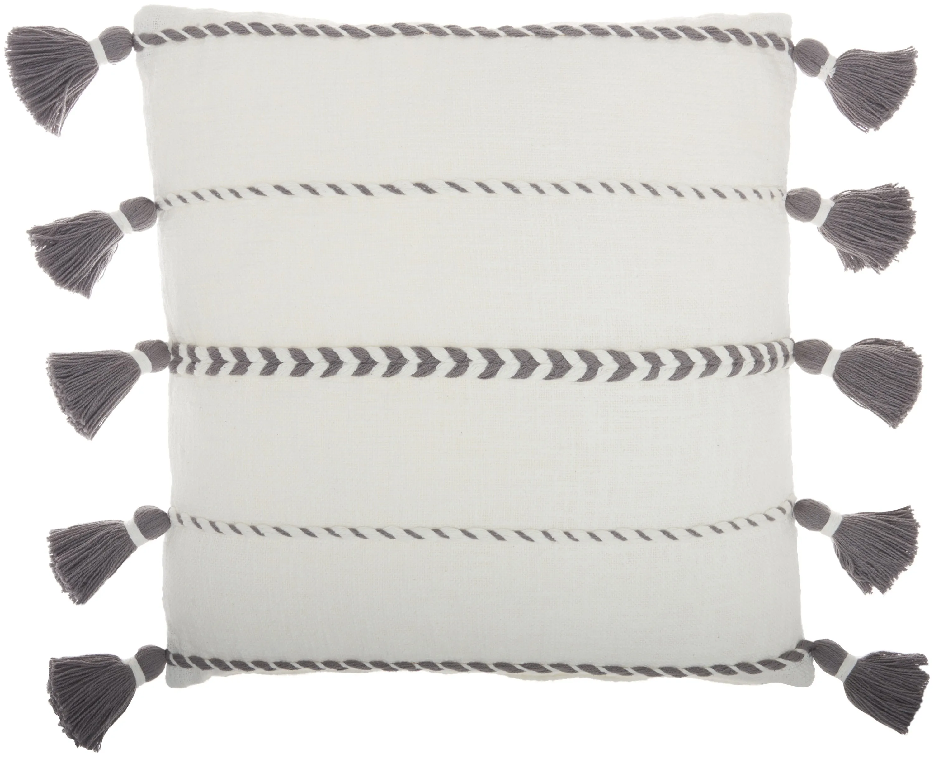 Bohemian White Cotton Accent Pillow with Grey Tassel Details