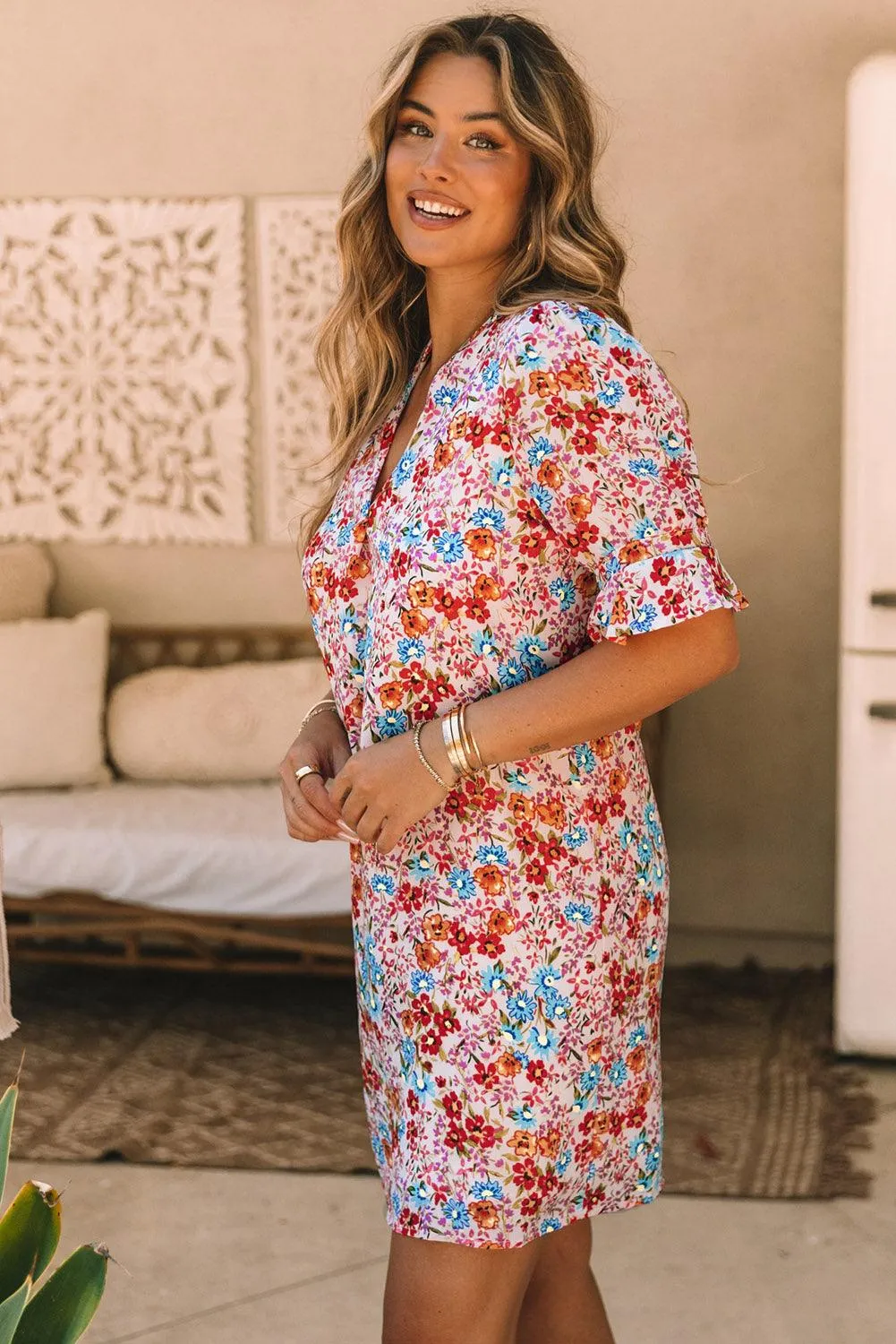 Boho Floral Flutter Sleeve Mini Dress