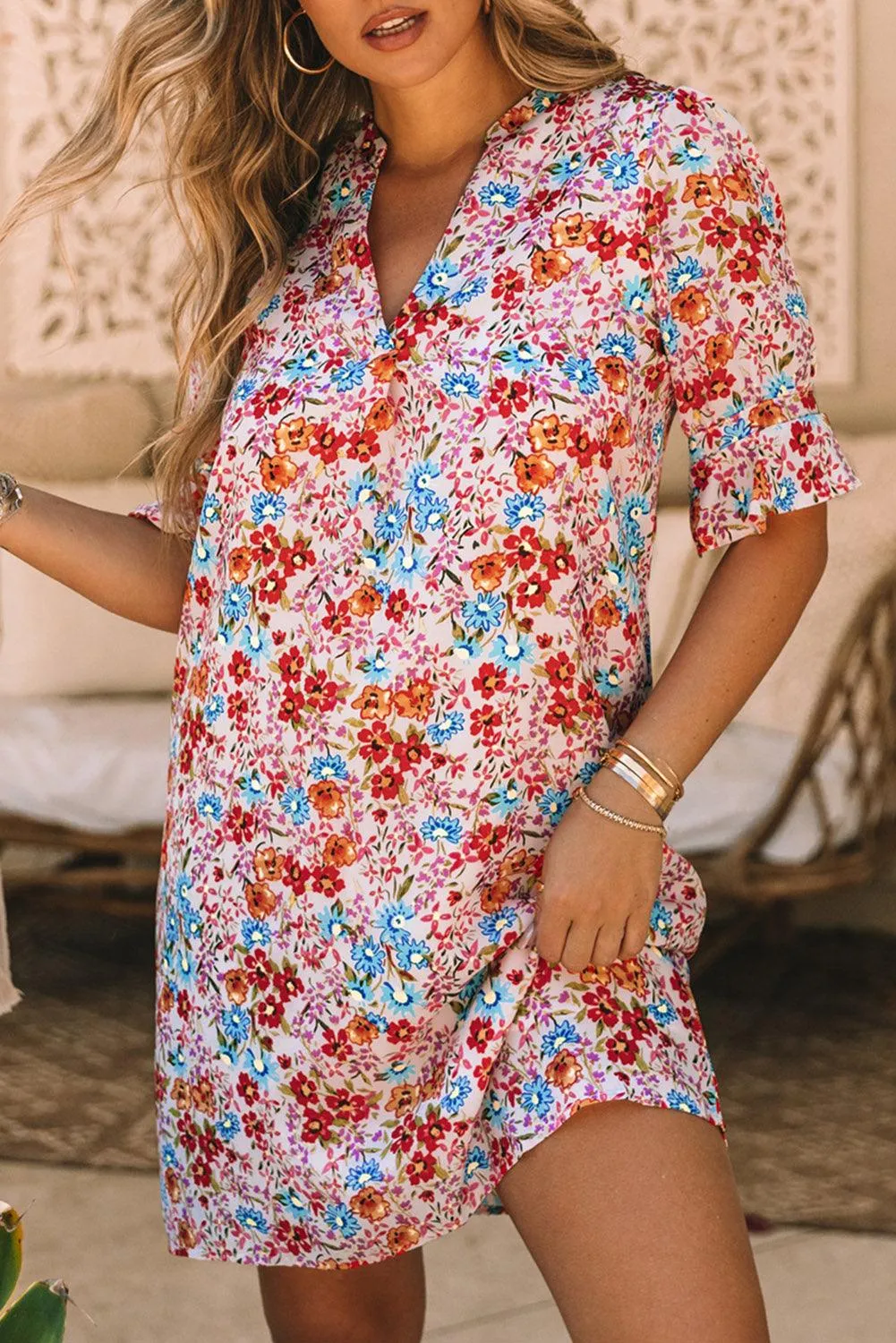 Boho Floral Flutter Sleeve Mini Dress