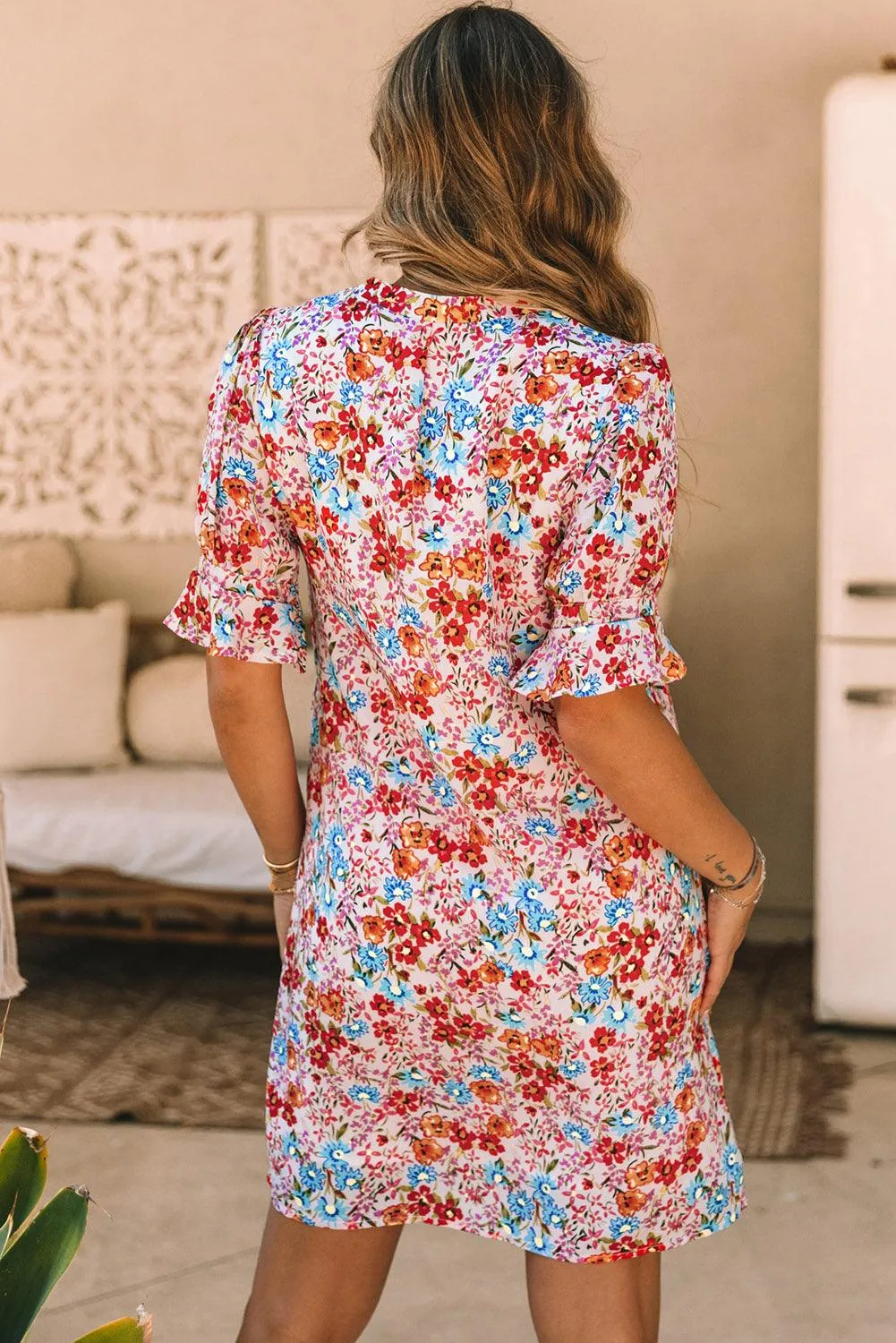 Boho Floral Flutter Sleeve Mini Dress