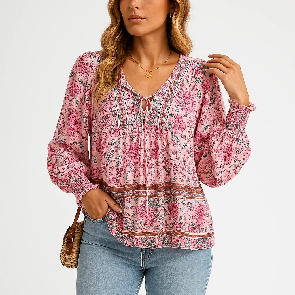 Boho Floral Peasant Blouse | Lace-Up Neckline | Lightweight and Flowy