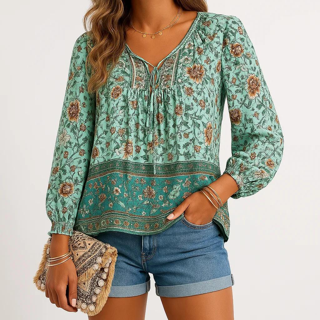 Boho Floral Peasant Blouse | Lace-Up Neckline | Lightweight and Flowy