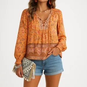 Boho Floral Peasant Blouse | Lace-Up Neckline | Lightweight and Flowy
