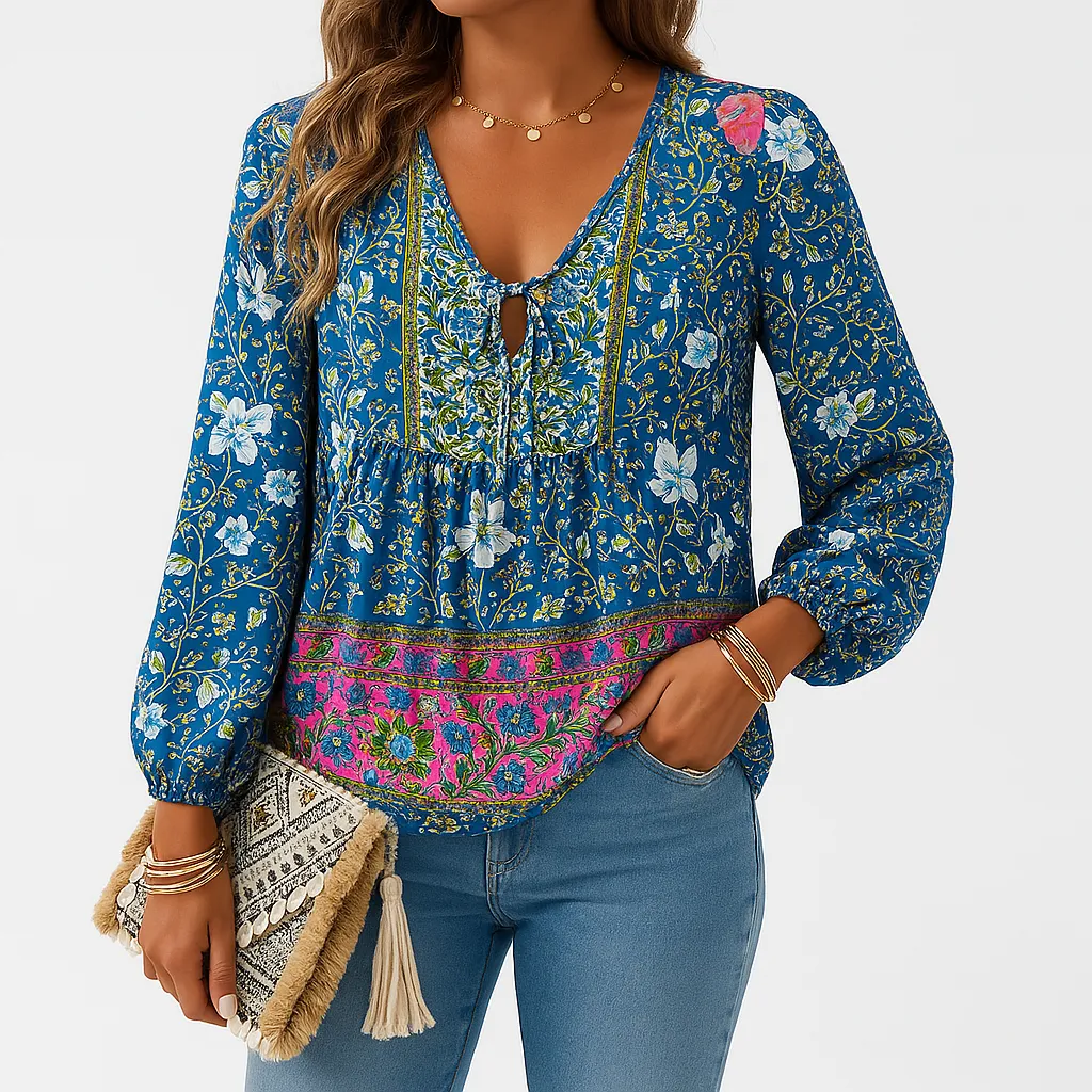 Boho Floral Peasant Blouse | Lace-Up Neckline | Lightweight and Flowy