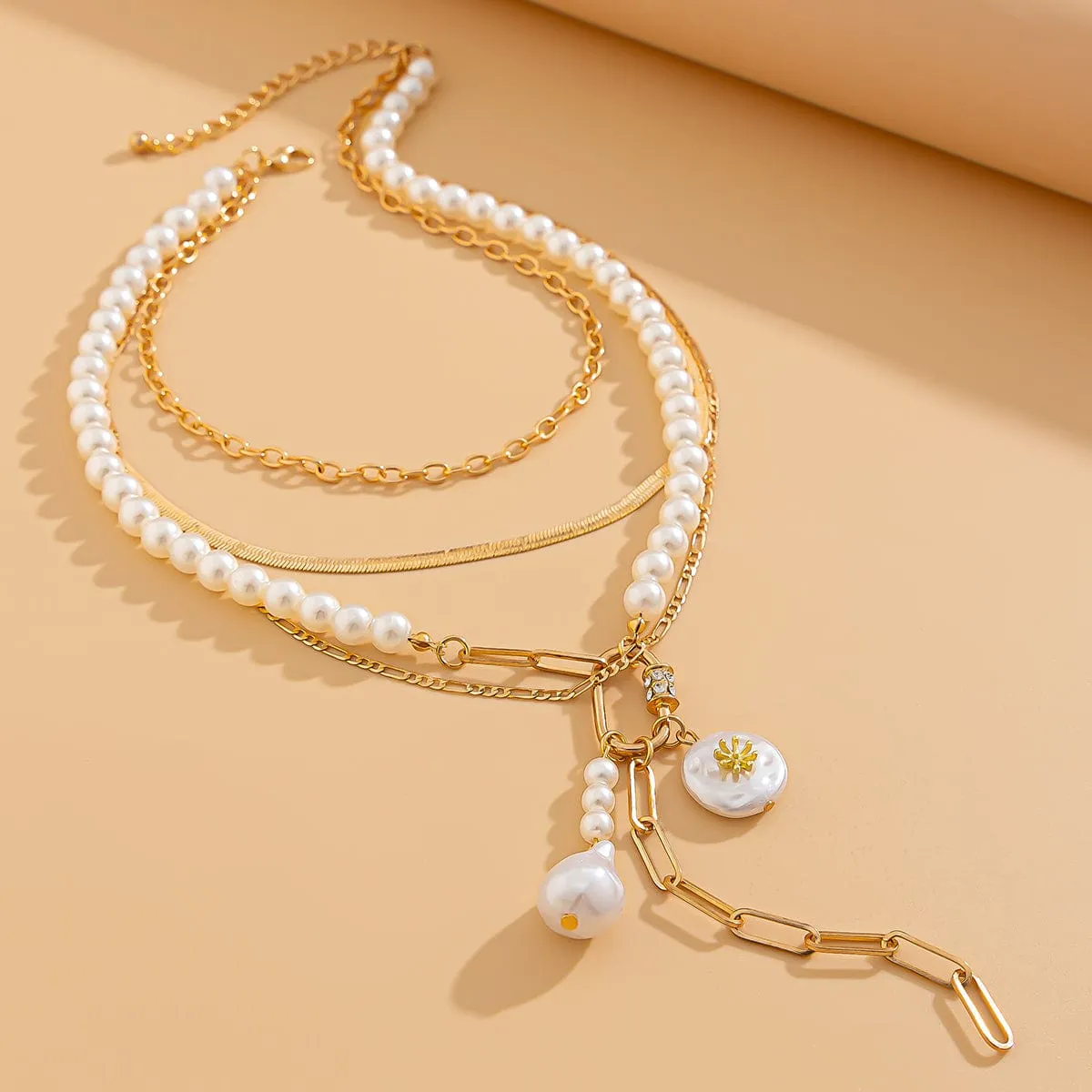Boho Layered Pearl Tassel Herringbone Cable Chain Y Necklace