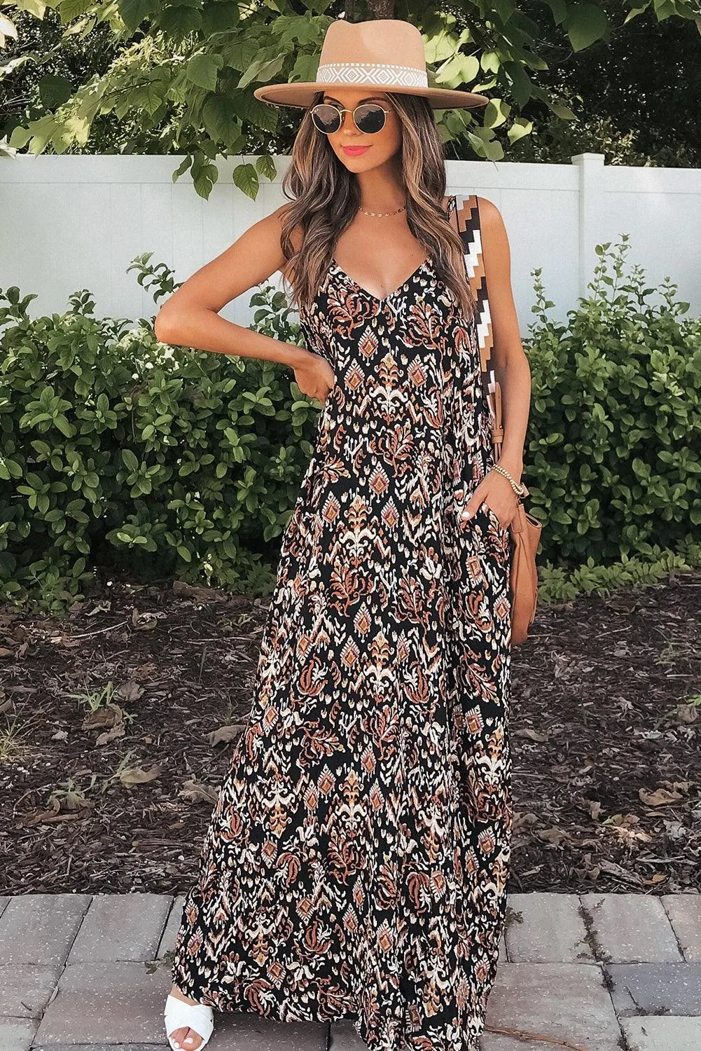 Boho Print Spaghetti Strap V Neck Maxi Dress