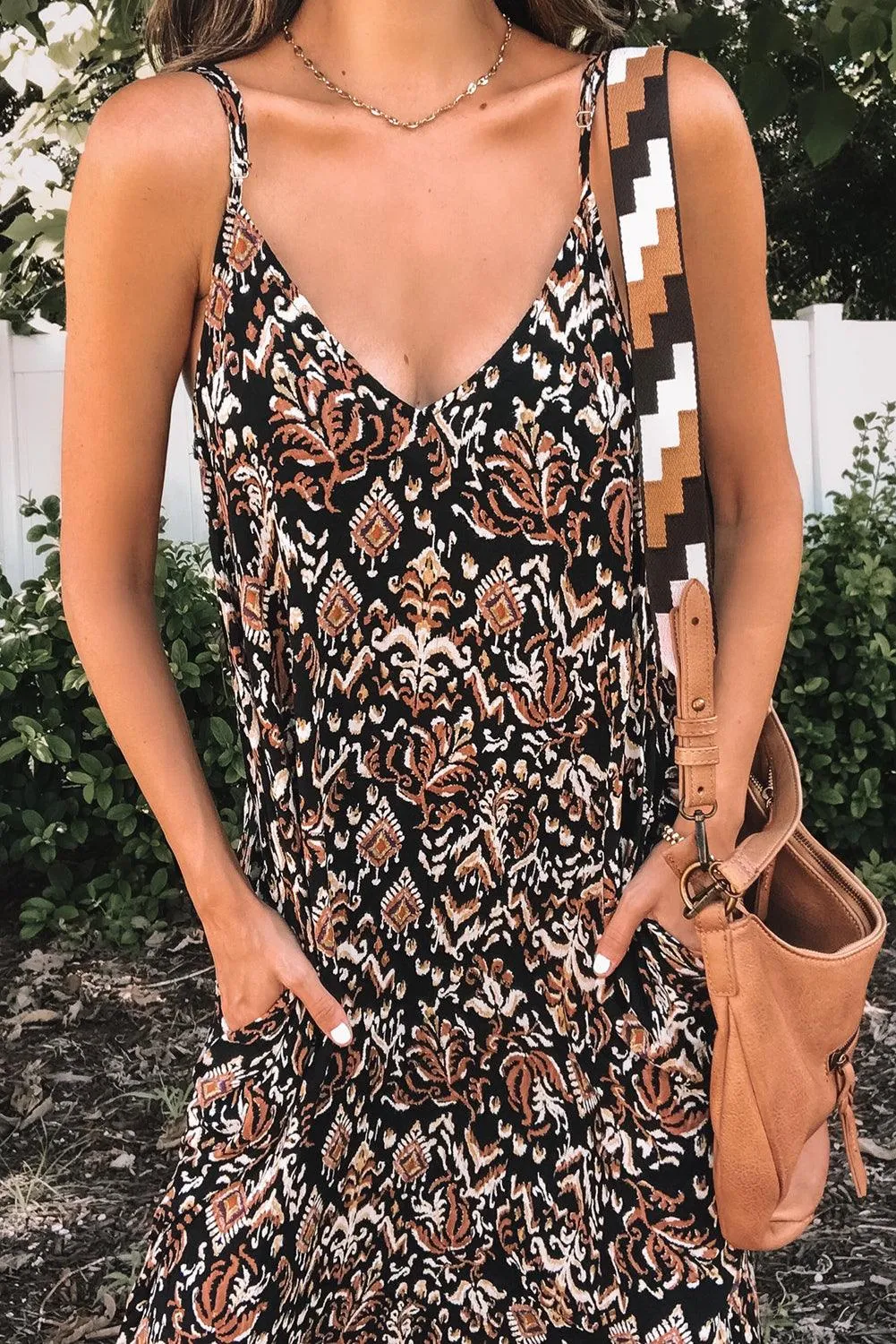 Boho Print Spaghetti Strap V Neck Maxi Dress