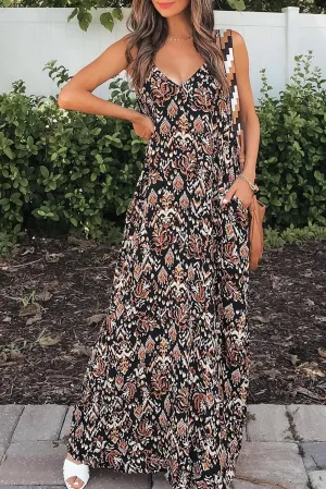Boho Print Spaghetti Strap V Neck Maxi Dress