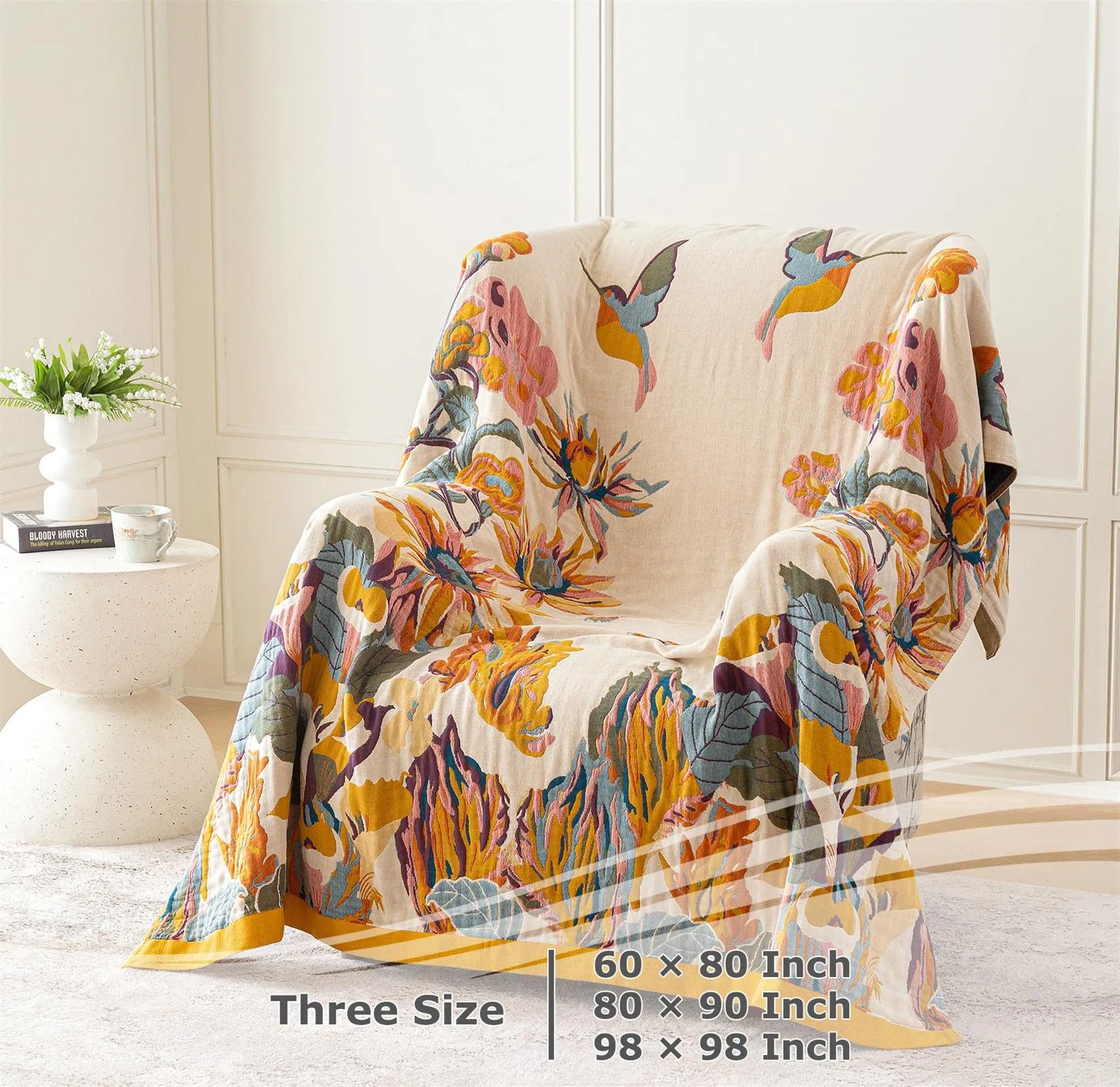 Boho Throw Blanket - 100% Cotton Ultra Soft Bed Throw Large - Fall Blanket Floral Bird and Butterfly Farmhouse Decor Bed Blankets,60"×80" All Season Blanket for Sofa Couch Chair