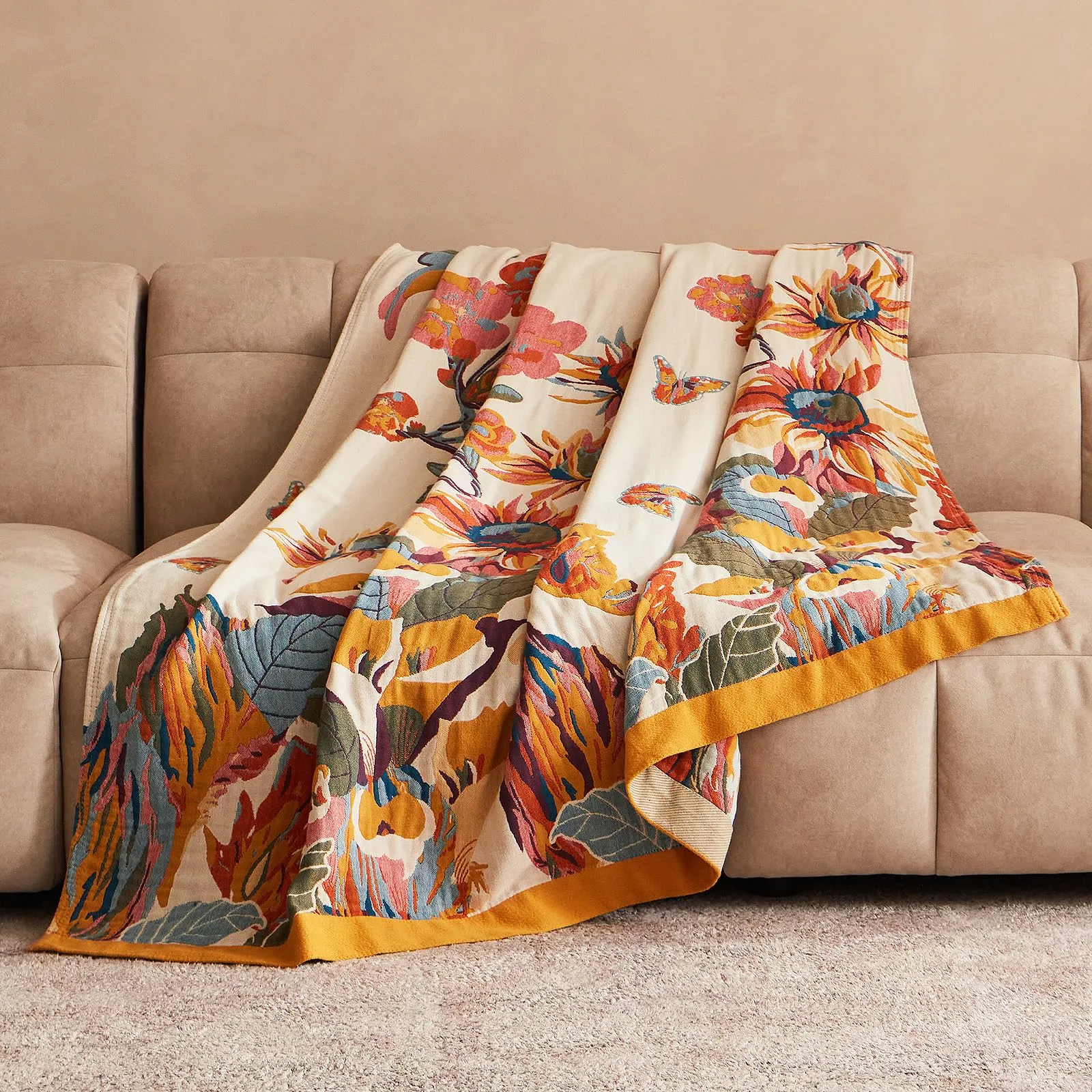 Boho Throw Blanket - 100% Cotton Ultra Soft Bed Throw Large - Fall Blanket Floral Bird and Butterfly Farmhouse Decor Bed Blankets,60"×80" All Season Blanket for Sofa Couch Chair